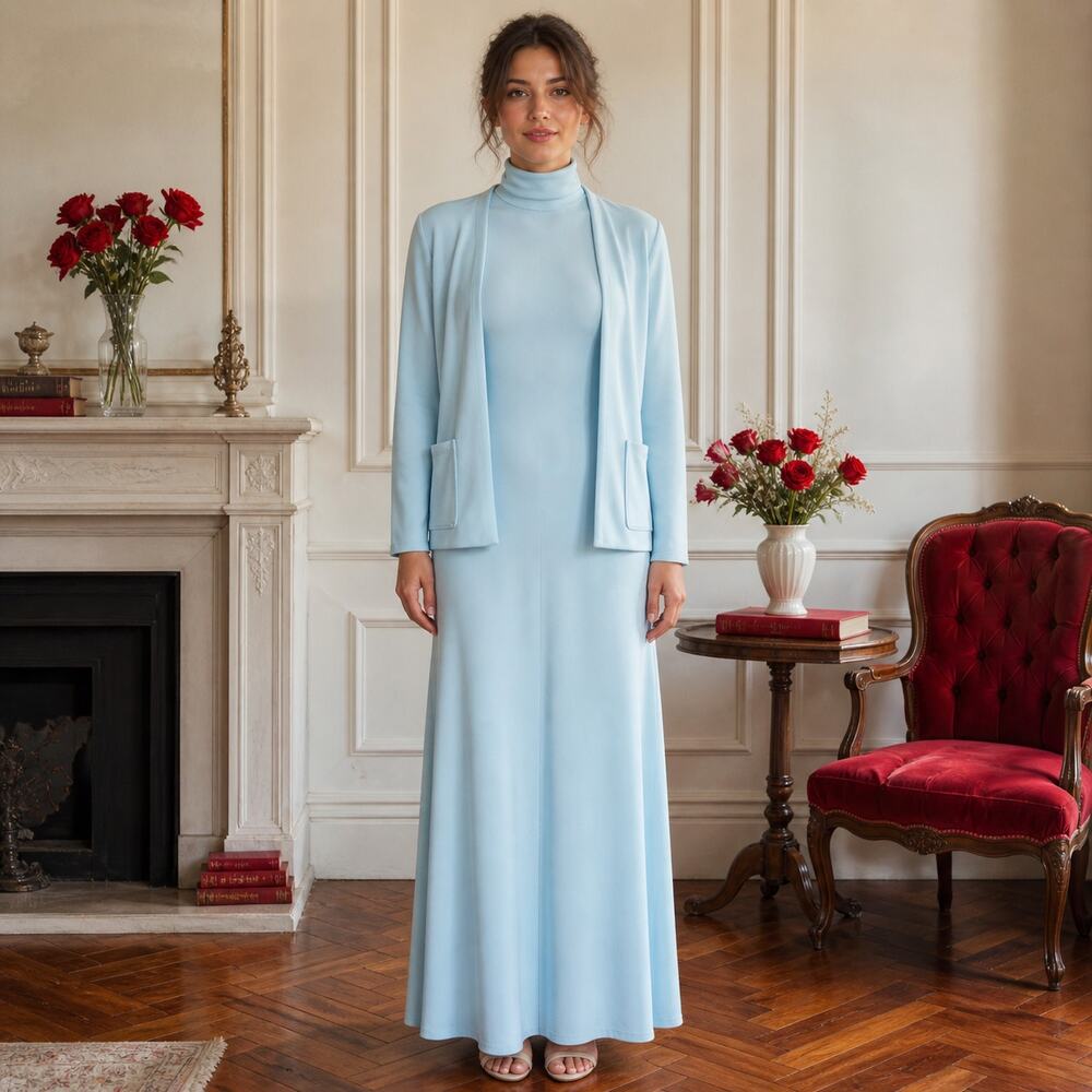 80s Jonathan Logan Baby Blue 2 Piece Maxi Dress Set Racerback Turtleneck - S